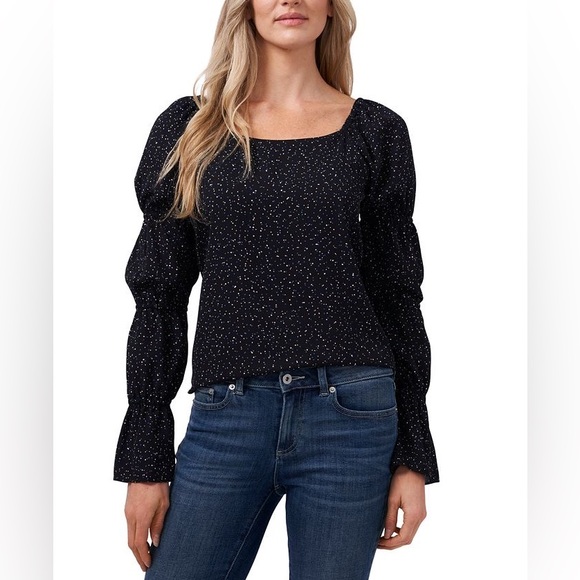 CECE Tiered Sleeve Dot Blouse in Rich Black - Picture 1 of 8